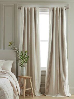 Quince Coastal Stripe Linen/Cotton Blackout Curtain, Cream/Natural, 48x84